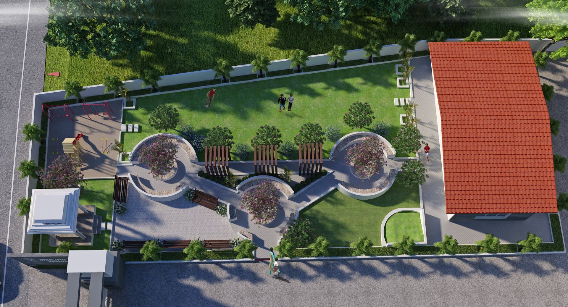 Landscaped garden, bird's eye view