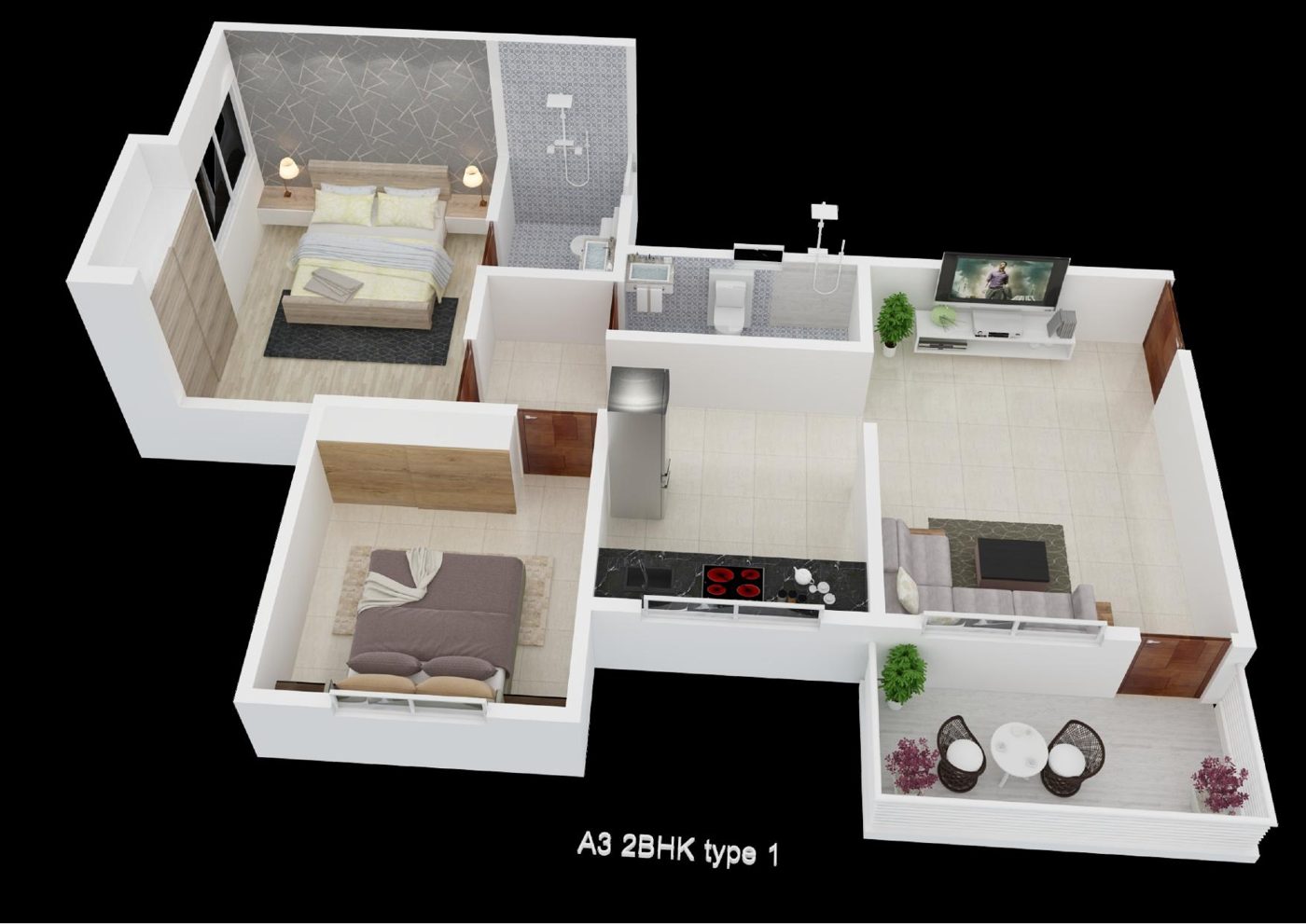 Wing A3 2 BHK Type 1 3D floor plan