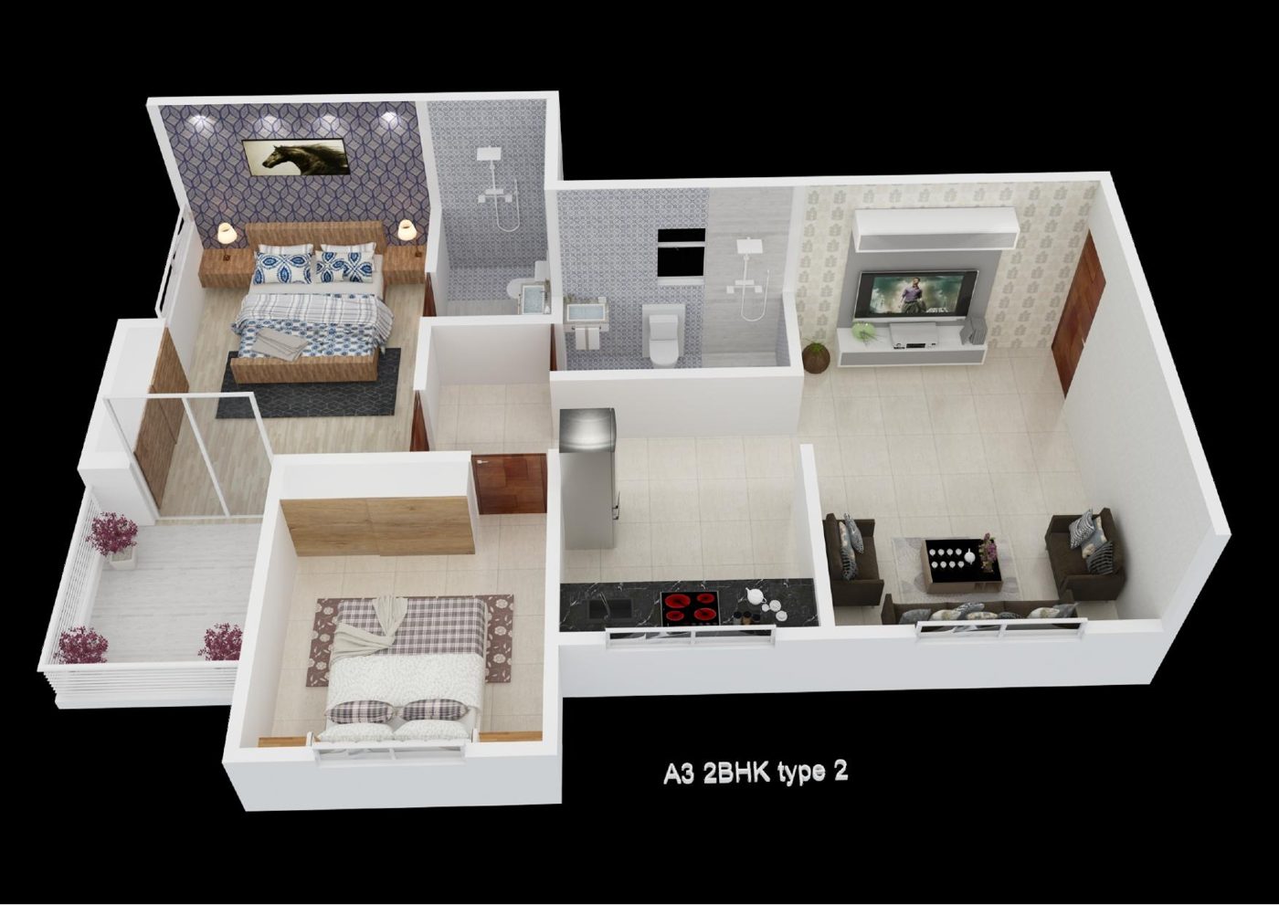 Wing A3 2 BHK Type 2 3D floor plan