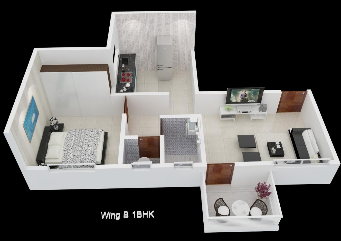 Wing B 1 BHK 3D floor plan