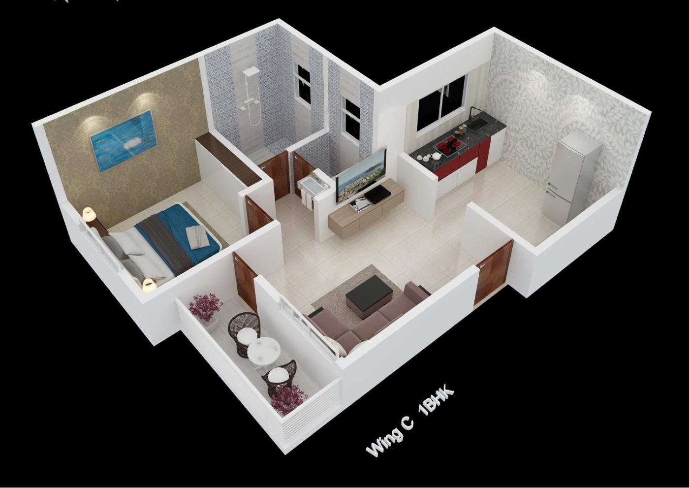 Wing C 1 BHK 3D floor plan