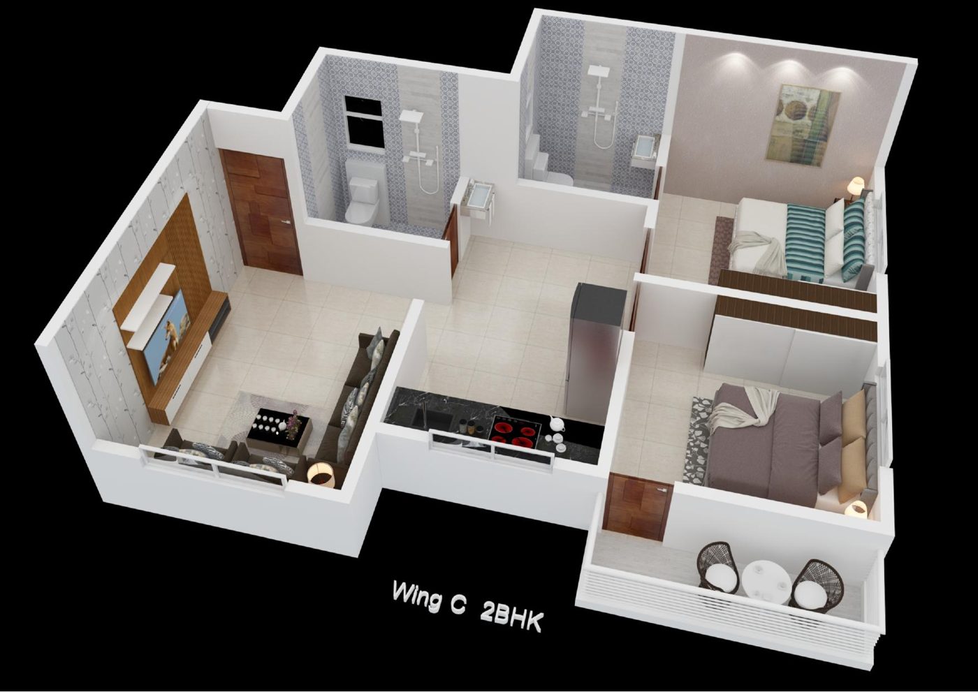 Wing C 2 BHK 3D floor plan